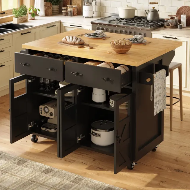 HAUSS SPOLE Dressoir Servierwagen - Multifunctioneel Keukeneiland Met Uittrekbaar Werkblad En Lade - 5 Wielen (2 Met Rem) - MDF Metaal - 140x73x93.5 cm - Zwart