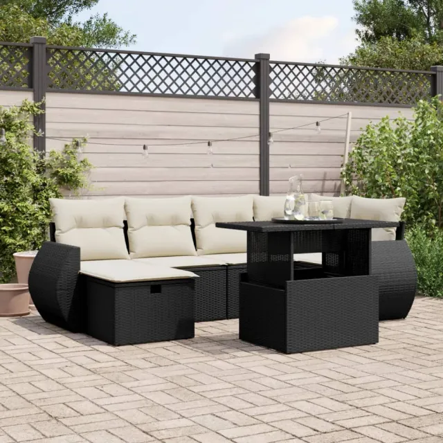 vidaXL 7-delige Loungeset met kussens poly rattan zwart, foto 2