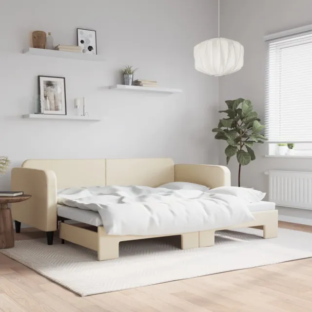vidaXL Slaapbank met onderschuifbed 90x200 cm stof crèmekleurig