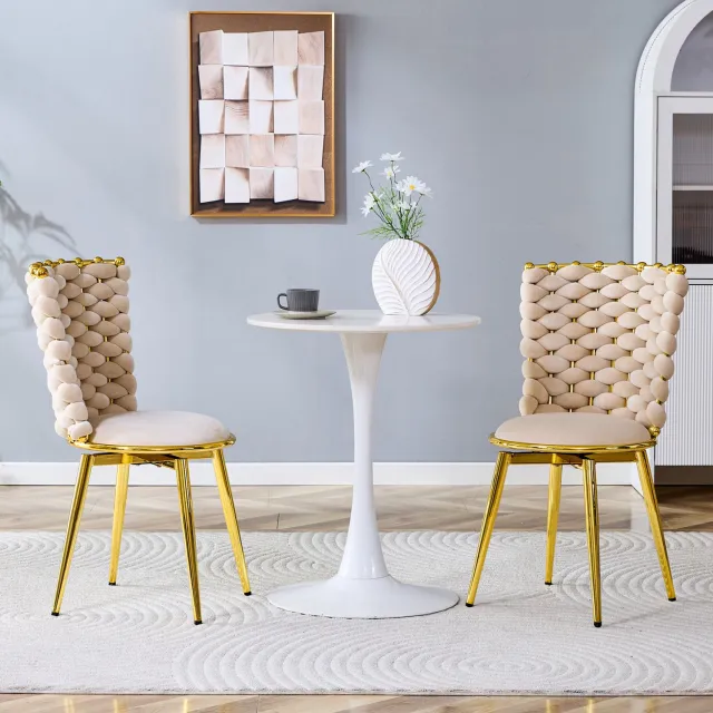 WUVRIE Set van 2 eetkamerstoelen - Fluwelen bekleding en gevlochten rugleuning - Beige