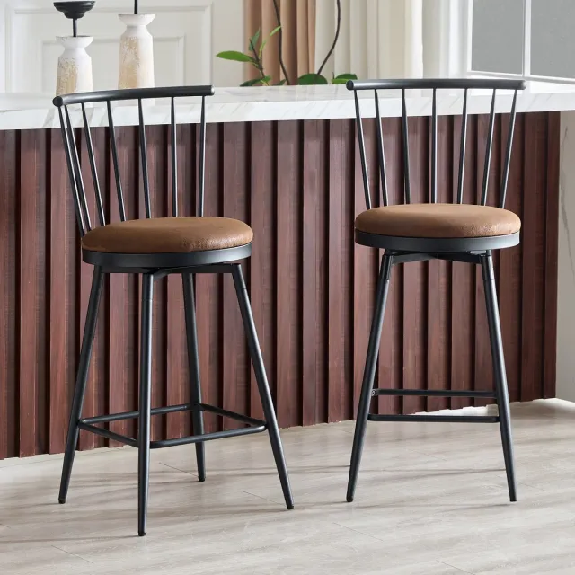 OKWISH Barkruk – Windsor-Stijl Met Rugleuning En Gewatteerde Zitting – Set Van 2 Voor Keukeneiland, Bar Of Horeca – Metaal En Stof – Bruin
