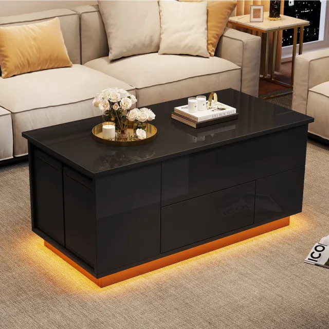 Merax 100x50x45 cm vier-in-één verstelbare salontafel met LED-verlichting - met 2 lades - inclusief bank en 2 krukken - met opbergruimte - zwart