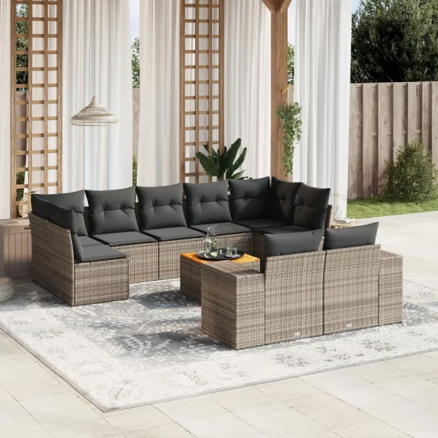 vidaXL 10-delige Loungeset met kussens poly rattan grijs, foto 2