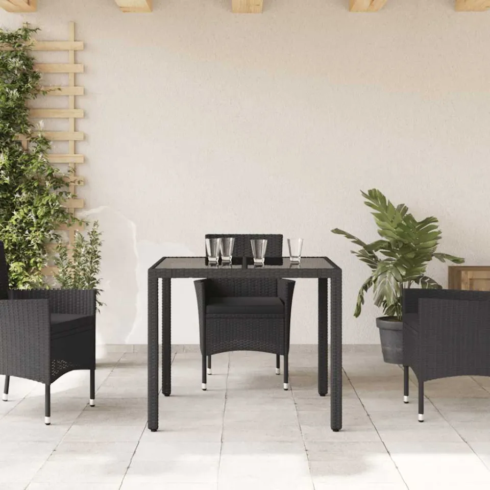 vidaXL Tuintafel met glazen blad 90x90x75 cm poly rattan zwart, foto 3