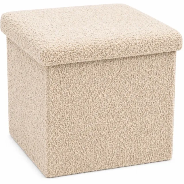 LUXALIVING Opbergpoef met Deksel 35x35 cm – Beige – Teddy Bouclé – Opvouwbare Poef met Opbergruimte – Hocker & Voetenbank