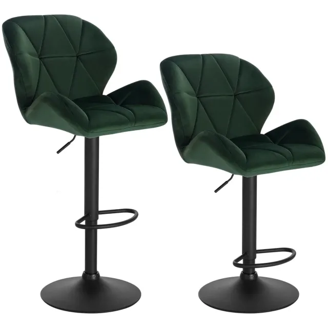 Klarven Barkruk Fluweel donkergroen - Barkrukken Met Rugleuning - Barkrukken Set Van 2 - Bar Stool - Hoogte verstelbaar, 360 graden draaibaar, met voetsteun - B50xd40cm, h94-116cm