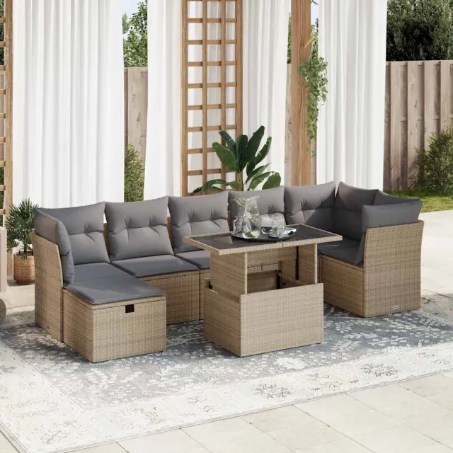 vidaXL 8-delige Loungeset met kussens poly rattan beige, foto 2