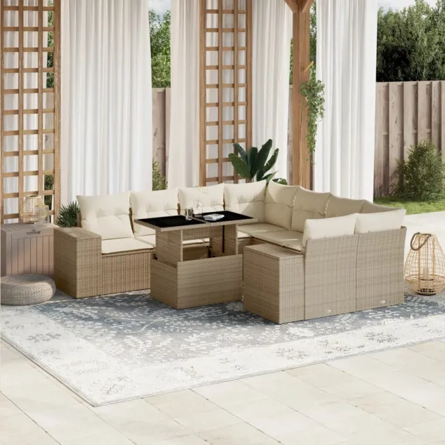 vidaXL 9-delige Loungeset met kussens poly rattan beige, foto 2