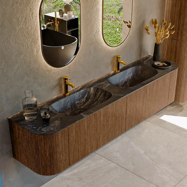 Mondiaz KURVE-DLUX 200 cm Onderkast Greeploos 2 Lades Met Deuren Walnut, Wastafel Solid Surface Dubbel Lava 2 Kraangaten Zonder Spiegel (KRVSTS200L+R2L2D2KD-Wal/Lav)