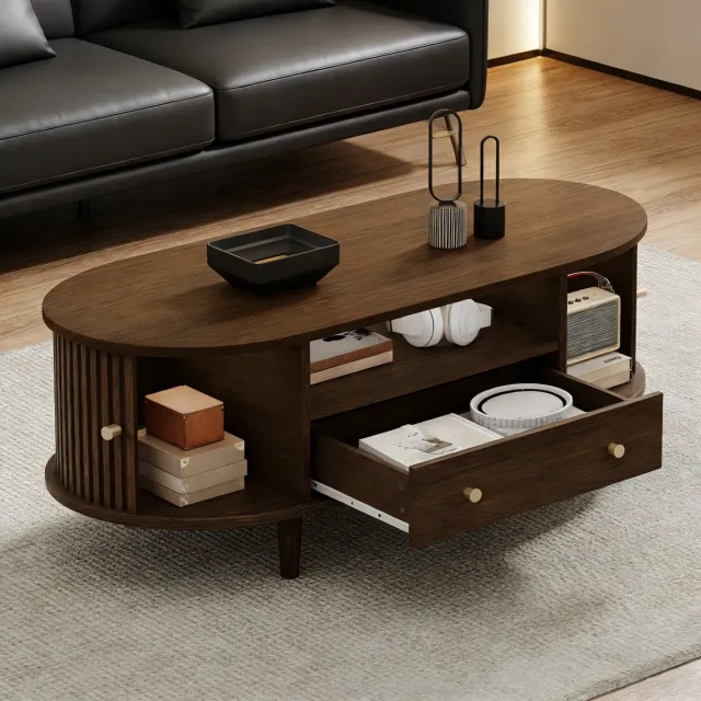 MUVANO Ovale Salontafel Walnoot - Koffietafel Met Lade - Houten Woonkamertafel - 100x50x36 cm - Met Opbergruimte En Roldeuren - Voor Woonkamer Walnootkleur