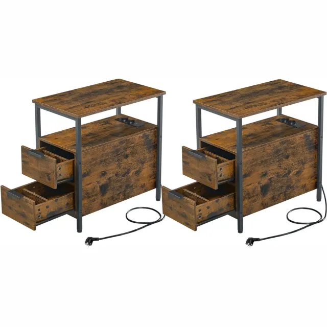 FurnStar Bijzettafel - set van 2 - nachtkastje met stekkerdoos - 2 laden - banktafel - nachtkastje voor woonkamer - slaapkamer - vintage bruin + inktzwart