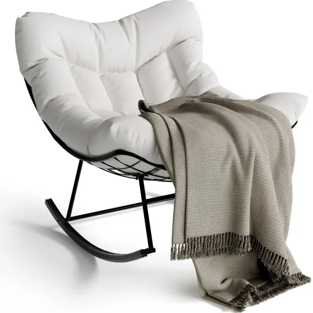 Turold Stoel - Schommelstoel - Relaxfauteuil - Relaxstoel - Papasan Schommelstoel, Dik Kussen, Moderne Wicker, Loungestoel Wit