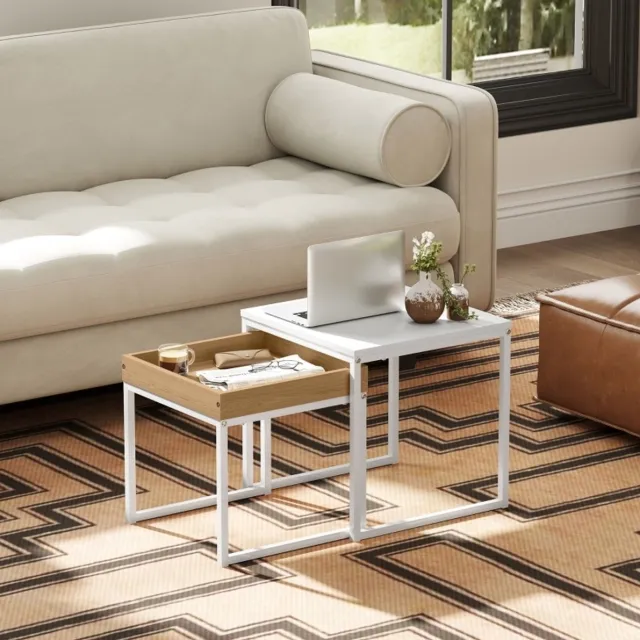 STILVORA Salontafel Set Van 2 - Vierkante Salontafels Met Afneembaar Dienblad - Voor Kleine Ruimtes - MDF En Metaal - Wit - 40 En 45 Cm