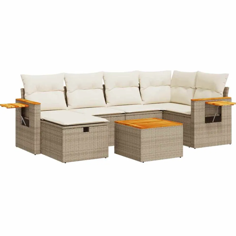 vidaXL 7-delige Loungeset met kussens poly rattan beige, foto 3