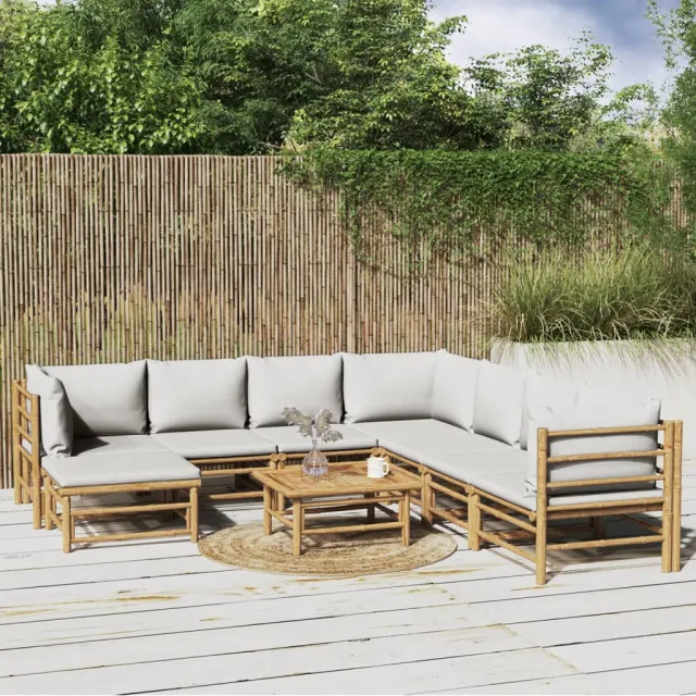 vidaXL 9-delige Loungeset met kussens bamboe lichtgrijs Bruin