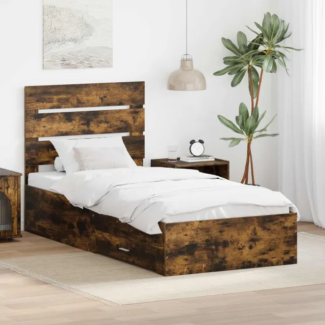 vidaXL Bedframe met lade Gerookt eiken 90 x 190 cm Bewerkt hout Bruin