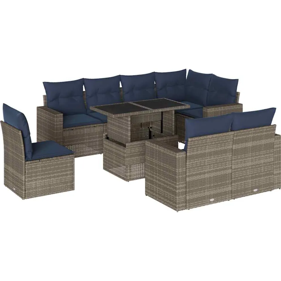 vidaXL 9-delige tuinbankset met kussens, grijs polyrotan