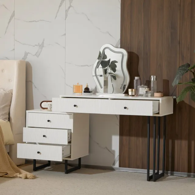 COVREO Kaptafel 100 x 40 x 76 cm – wit, met spiegel, 3-kleuren LED-verlichting en 5 lades