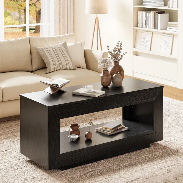 FABATO CT029-Multifunctionele Salontafel-Zwart-In Hoogte Verstelbaar-Opbergruimte-Landhuisstijl-Schwarz