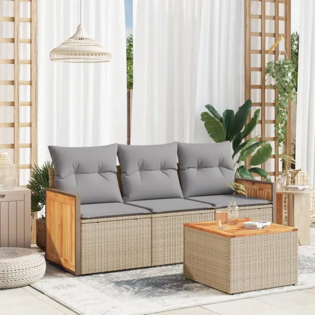 vidaXL 4-delige Loungeset met kussens poly rattan beige, foto 2