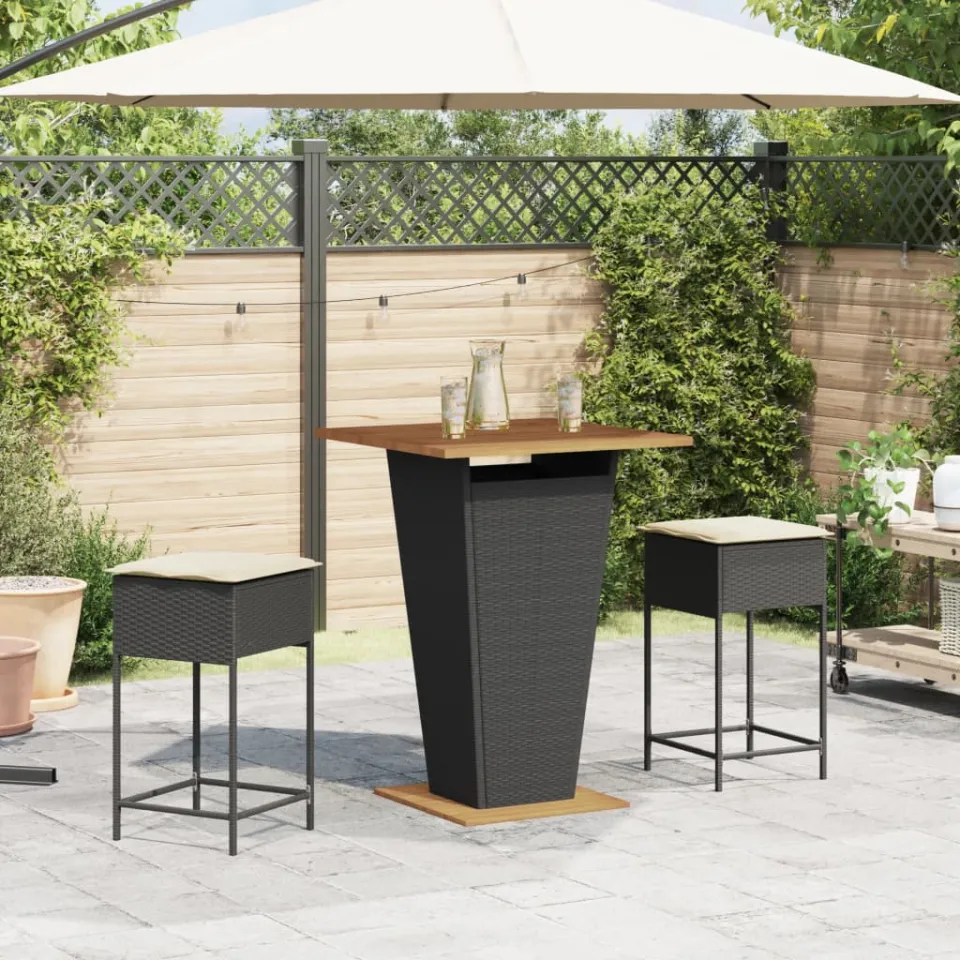 vidaXL 3-delige Tuinbarset met kussens poly rattan zwart, foto 2