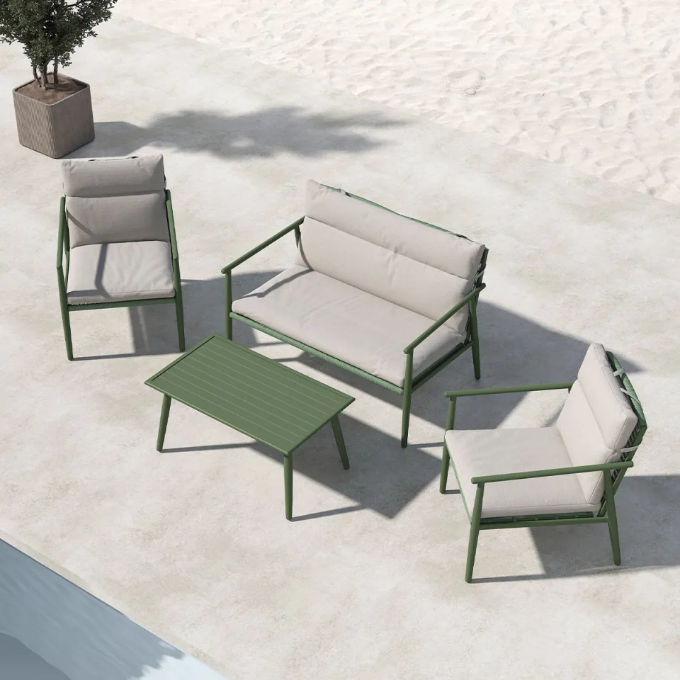 Nest outdoor Margret tuin loungeset groen - tweezits bank, twee fauteuils en een salon tafel - met beige zitkussens, foto 3