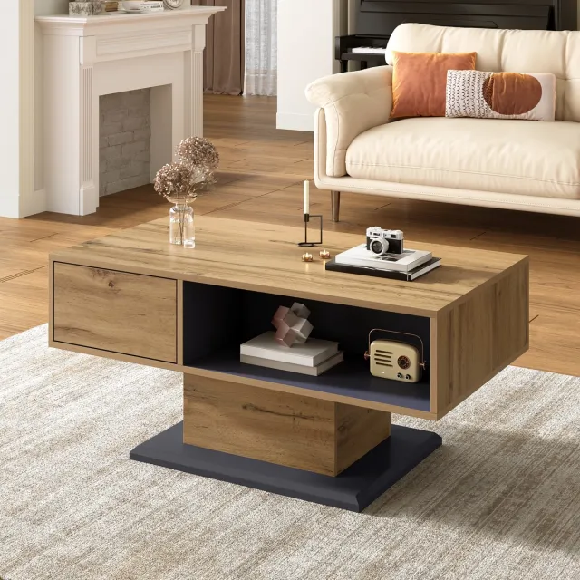 MIVRAY Salontafel - Dubbelzijdige Opbergruimte Met Binnenvak - Modern Voor Woonkamer En Werkplek - Spaanplaat Grijs Eik - 100x50x46,5 Cm Hout