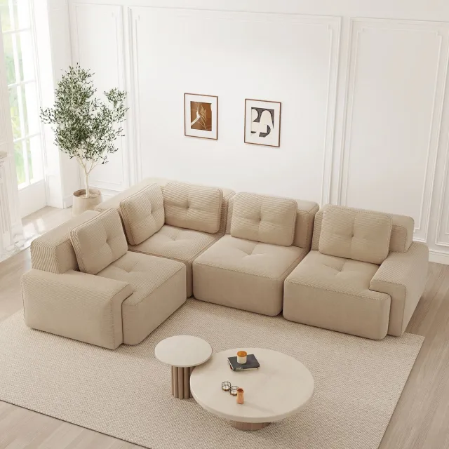REDOM Hoekbank 4-zits Bank – Modulaire loungebank met diepe zit en zachte cord bekleding – Comfortabele sofa voor woonkamer – Beige – 382 x 104 x 69 cm