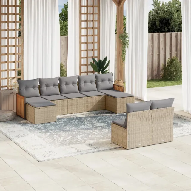 vidaXL 9-delige Loungeset met kussens poly rattan beige, foto 2