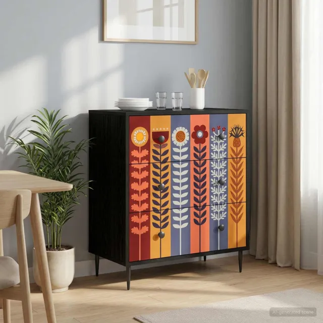 vidaXL Ladekast ESSEN Zonnebloemprint 66 x 36,5 x 76 cm Bewerkt hout Zwart