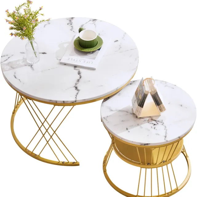 Welltin Salontafel Set van 2 - Ronde Nesttafels - MDF met Hoogglans Marmerlook - Metalen Frame - 70 x 70 x 45 cm en 45 x 45 x 40 cm - Wit en Goud