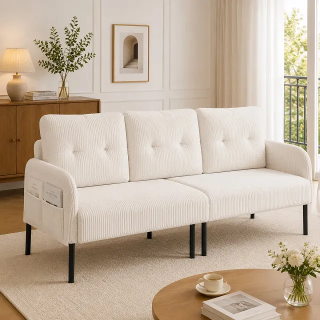 Zubaliya 3-zits corduroy bank - Voor woonkamer, slaapkamer en thuiskantoor - 3 personen - Grijs - Hoge rugleuning en praktische zijvakken - Stevig metalen frame - Zachte, comfortabele stof Beige