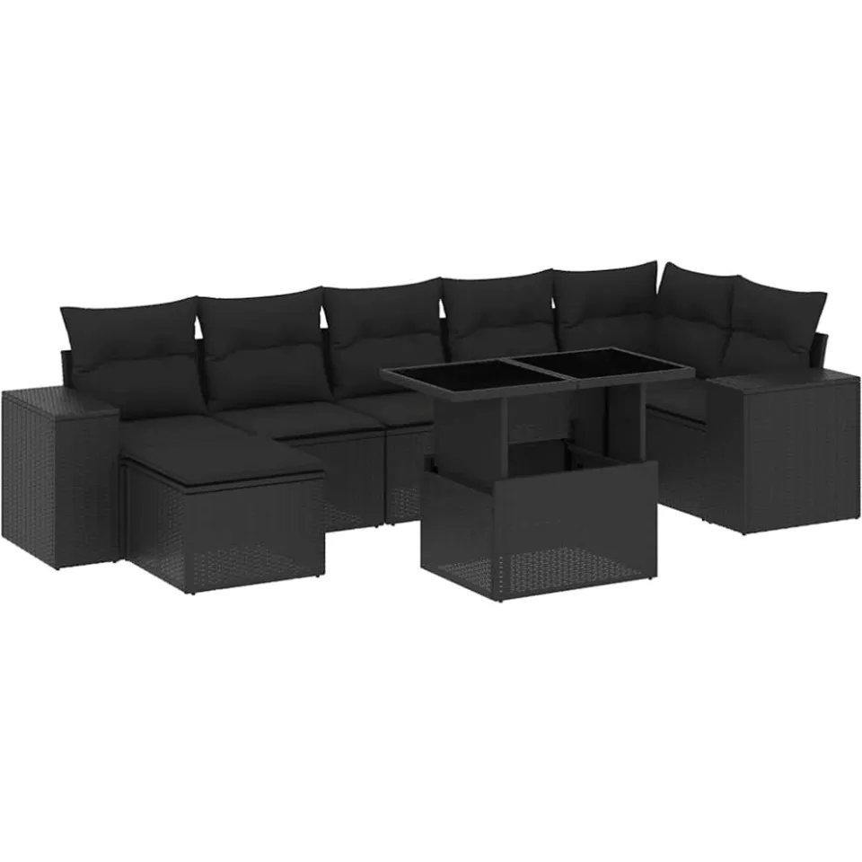 vidaXL 8-delige Loungeset met kussens poly rattan zwart