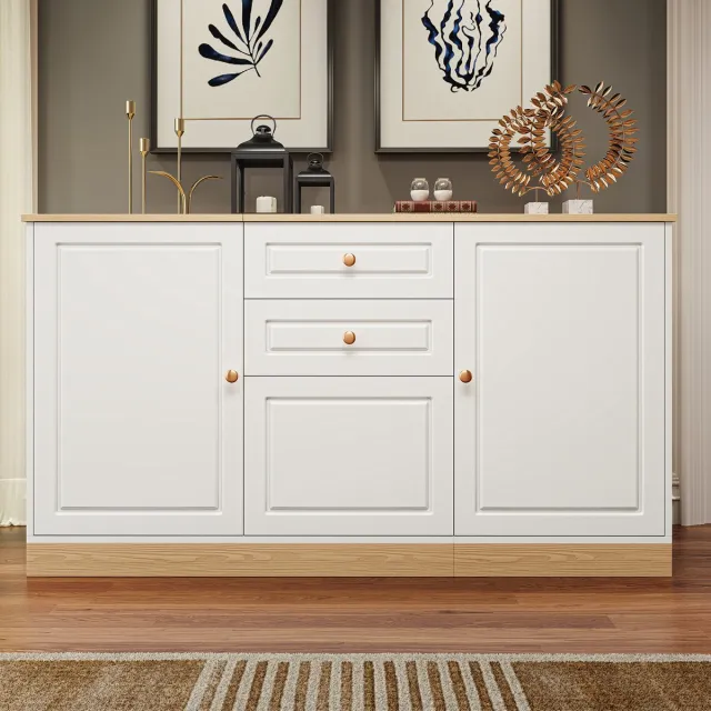 VVBV Dressoir – Buffetkast met 3 Lades – Wit – Voor Eetkamer – met Opbergruimte – Sideboard – Verstelbare Planken – Hoogglans White