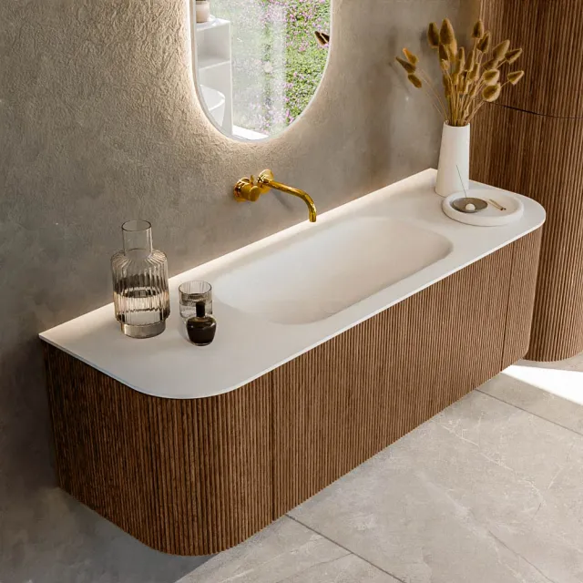 Mondiaz KURVE 140 cm Onderkast Greeploos 1 Lade Met Deuren Walnut, Wastafel Solid Surface Midden Talc 0 Kraangaten Zonder Spiegel (KRVBGS140L+R1L2D0KM-Wal/Tal)