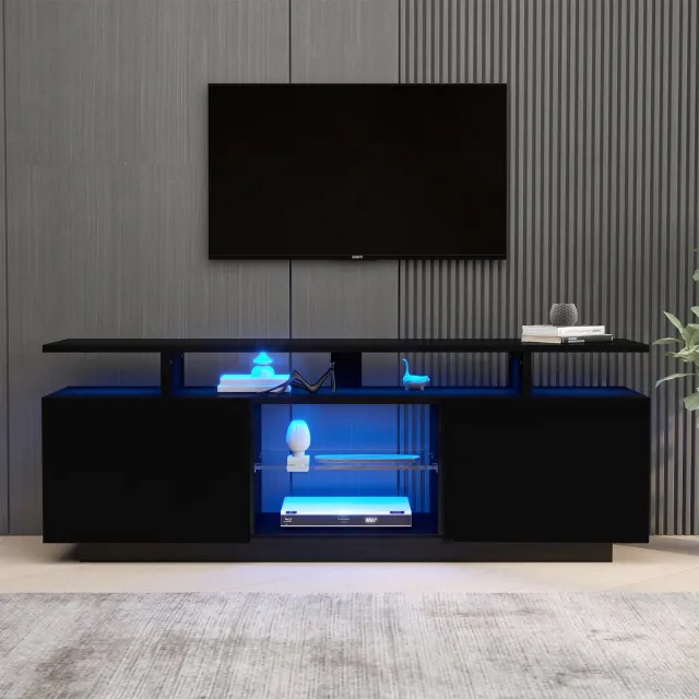 Pugsdrly Moderne zwarte tv-kast met 16-kleuren LED-verlichting, 1,4 m lang – stijlvolle opbergkast voor 60-inch tv's, 16-kleuren lichtbalk, hoogglans deurpaneel met glazen vak, tv-plank