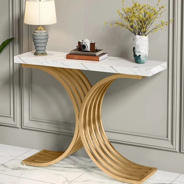 Pugsdrly Smalle console, bijzettafel met goudkleurig metalen frame, 100 x 30 x 80 cm Haltafel, kleine displaytafel, salontafel voor kleine ruimtes, voor de hal, gang, woonkamer (wit en goud) wit & goud