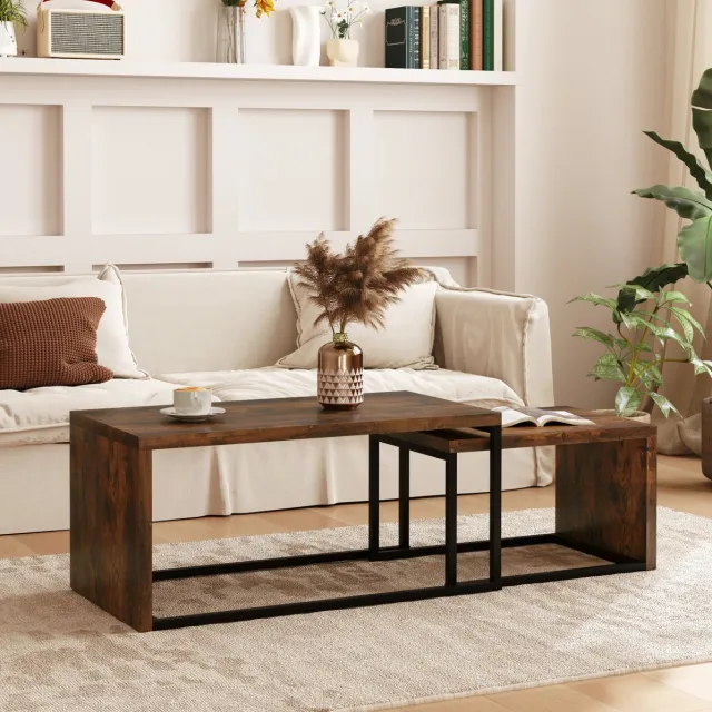 COVREO Salontafel 90x48x42 cm rustiek bruin, MDF metaal 2-delige set