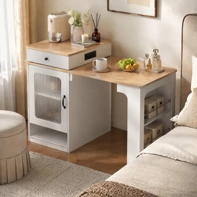 DESMIU Eettafel - Uitschuifbaar Met Stopcontact En Opbergruimte - Keukeneiland Voor Keuken En Eetkamer - Wit En Natuurlijk - 151x80x92 Cm