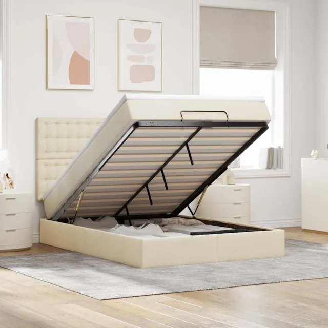 vidaXL Ottoman bed met matras en LED's 140x190cm stof crèmekleurig