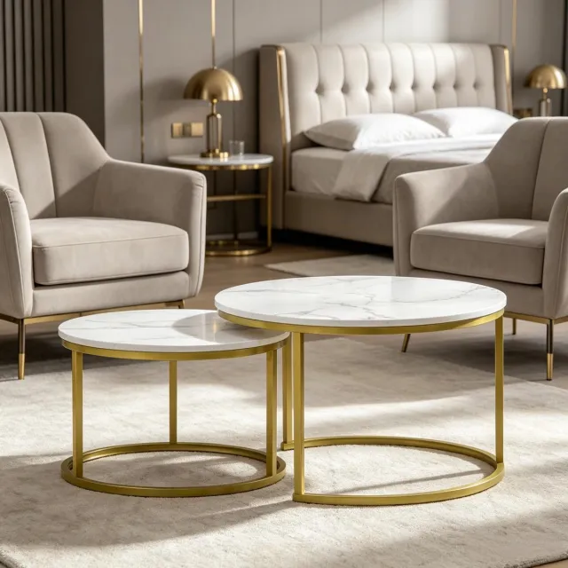 FloraGrace Bijzettafel Set Van 2 - Nesting Design Met Marmerlook En Gouden Metalen Frame - Modern Voor Woonkamer En Slaapkamer - Ø 74 En Ø 59 Cm - Goud Wit Goud + wit