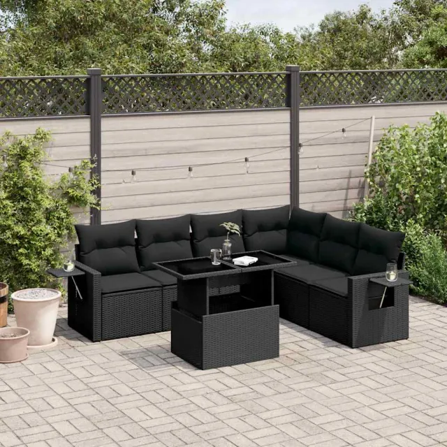 vidaXL 7-delige Loungeset met kussens poly rattan zwart, foto 2