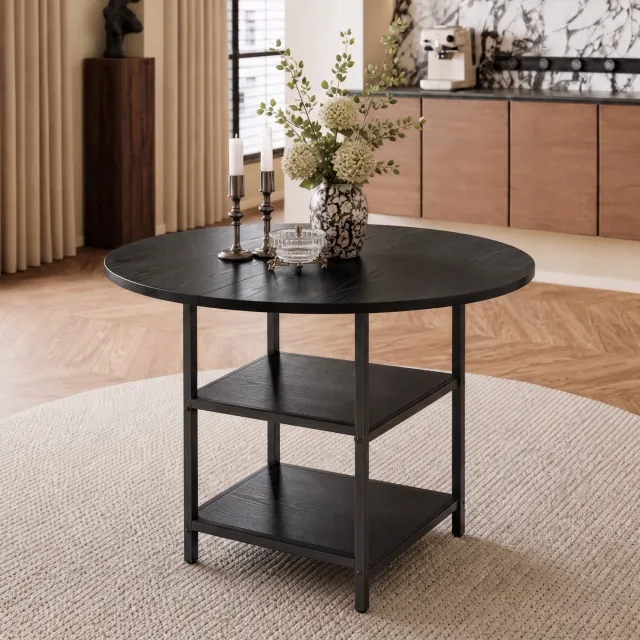 CHICFURN Eettafel 107 cm - 2-4 personen - Opbergniveaus - Rond - Zwart