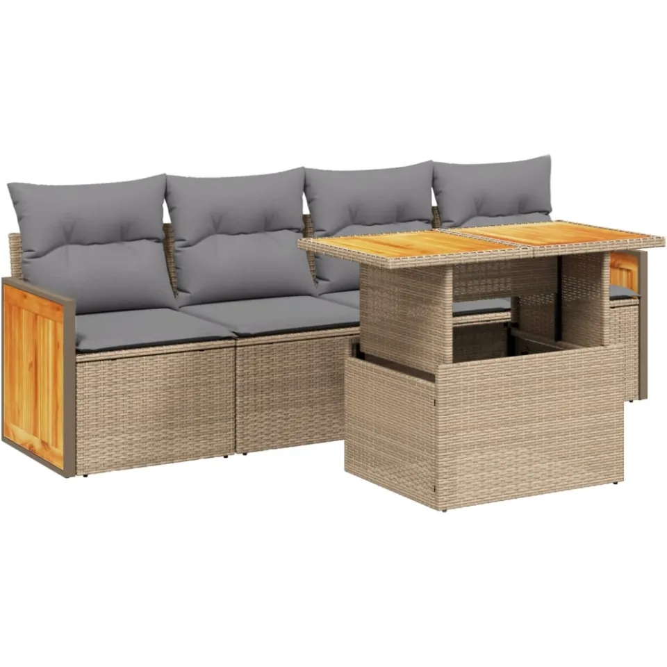 vidaXL 5-delige Loungeset met kussens poly rattan beige, foto 3