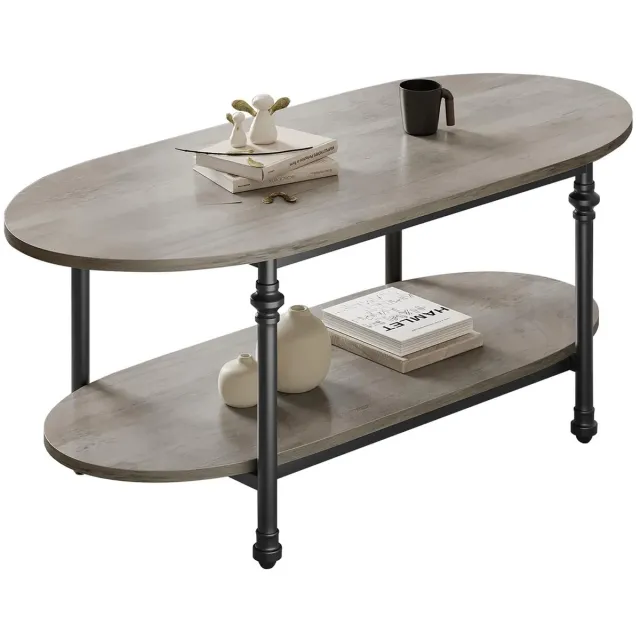 Bresht Ovale Salontafel - Met 2 Niveaus - Grijze Houtlook - Metalen Poten - Stevige materialen - Grijs - 120 × 54,4 × 43,5 cm