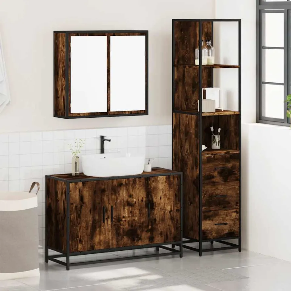 vidaXL 3-delige Badkamermeubelset bewerkt hout gerookt eikenkleurig, foto 2