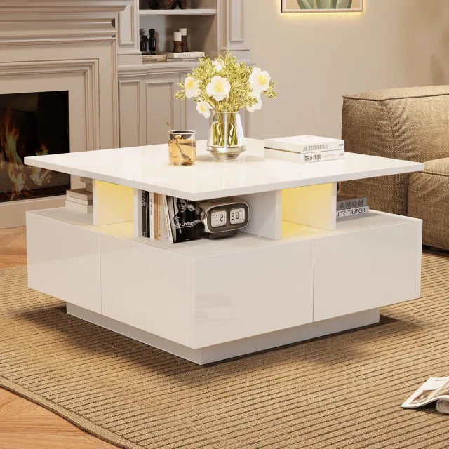 Wishdor Salontafel 70x70x40 cm van hoogglans spaanplaat, kubusvorm met 4 lades en app-gestuurde LED, wit