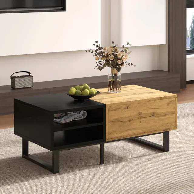 MIVRAY Salontafel - Met Open Vakken En Lade - Voor Woonkamer En Opbergen - Spaanplaat En Metaal - 100x50x40 Cm - Naturel Zwart