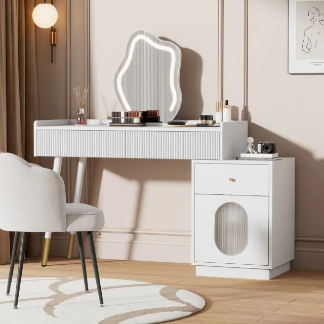 DESMIU Kaptafel - Verlichte Spiegel Met Flexibele Opstelling En Opbergruimte - Voor Slaapkamer En Verzorgingshoek - Wit Spaanplaat - 100x40x75 Cm