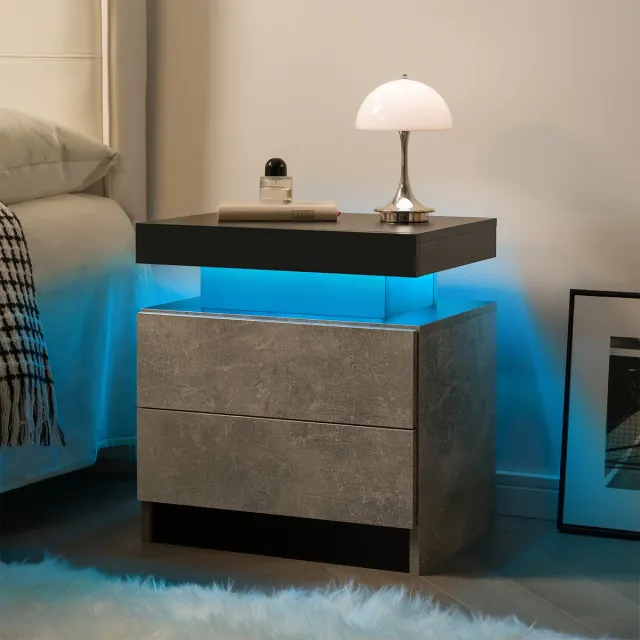 MODENUIT Nachtkastje - Met LED-Verlichting En 2 Lades - Voor Slaapkamer En Woonkamer - Bewerkt Hout - Grijs